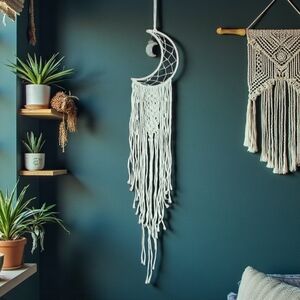 Macrame Moon Dreamcatcher Wall Hanging Boho Bedroom Nursery Decor 38" Cream
